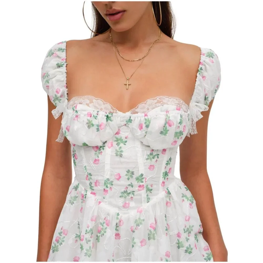 NWT For Love And Lemons Remi Mini Dress S small white pink floral corset basque
